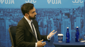 Mayoral candidate Zohran Mamdani answers questions at a town hall meeting sponsored by UJA-Federation of New York and its Jewish Community Relations Council, Manhattan, May 22, 2025. (Screenshot)